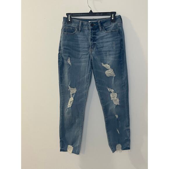 Women's SO jeans size 7 juniors distress high rise curvy crop raw hem - Picture 1 of 16